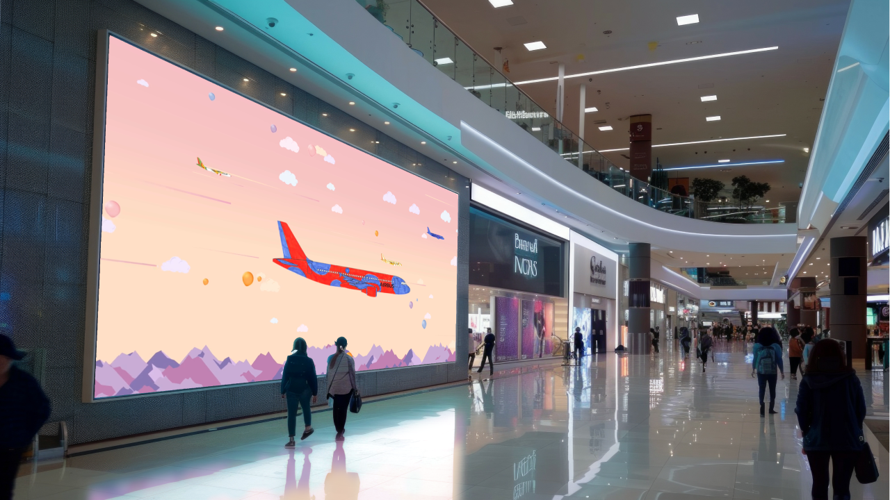 Un avion colorié s’anime sur le grand écran de la galerie marchande d’un centre commercial